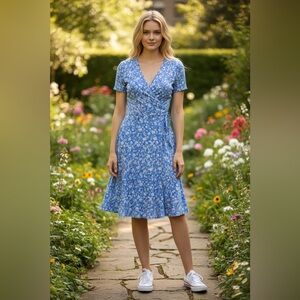 Vensace Floral Blue Wrap Dress Size Large